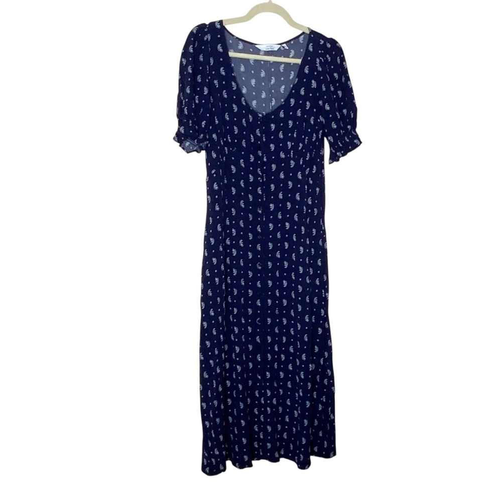 Navy Printed V-Neck Maxi Dress